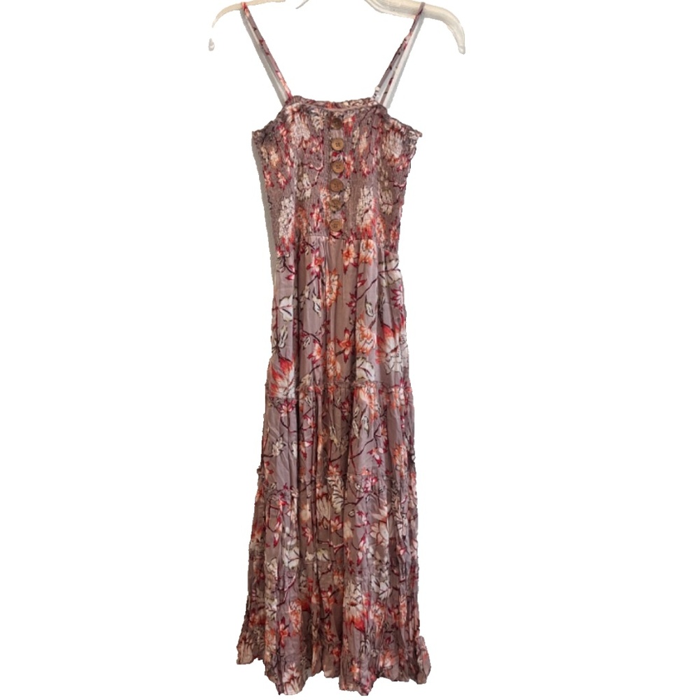 Angie Boho Floral Smocked Bodice Button Trim Maxi Dress Size L